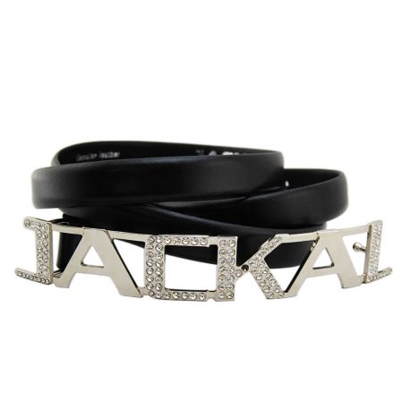 CINTURA BASSA NERA PELLE FIBBIA PLACCA METALLO ARGENTO E STRASS LOGO JACKAL