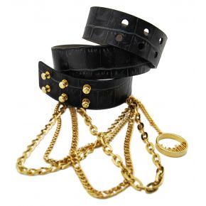 CEINTURE COCO NOIR AVEC DES VEINES DE GRIS DE LA CHAÎNE EN MÉTAL OR