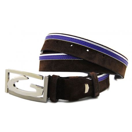 CEINTURE MERRONE DAIM RICHE GRIS/VIOLET FIBBIAQ MÉTAL ARGENTÉ LOGO G GARDIENS