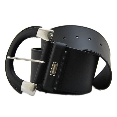 BELT HIGH BLACK LEATHER BUCKLE LARGE METAL SILVER