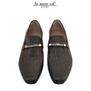 MOCASSINO PELLE INVECCHIATA MARRONE FIBIA ARGENTO STEMMA REDWOOD