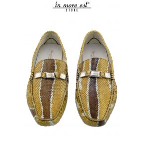 MOCASSIN PYTHON BEIGE-BRUN À GRAIN PLACC MÉTAL ARGENTÉ LOGO DES GARDIENS