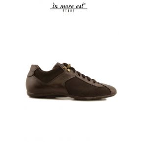 SNEAKERS LOW TEXTILE FABRIC WITH COAT OF ARMS PACIOTTI BROWN LEATHER
