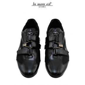 ALLAC CASUAL LOW FABRIC BLACK HEEL AND TOE BLACK PATENT LEATHER GLOSSY STRAP CREST TO LATERAL G