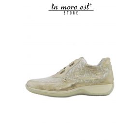 SNEAKERS BASSA BEIGE TESSUTO LOGATO AG PELLE LAMIN FIBBIA STRAP