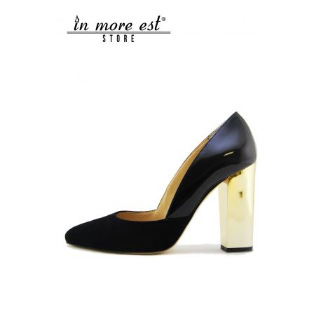 DECOLLETE' MEDIUM TIP BLACK SUEDE/PATENT HEEL METAL GOLD