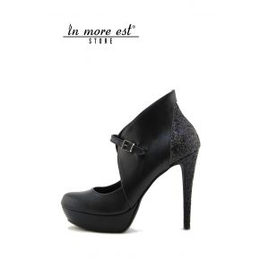 DECOLLETE' HIGH PLATEAU BLACK CALF HEEL/HEEL GLITTER BLACK STRAP CAVIGL BUCKLES METAL BURNISHED