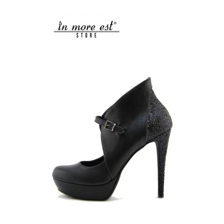 DECOLLETE' HIGH PLATEAU BLACK CALF HEEL/HEEL GLITTER BLACK STRAP CAVIGL BUCKLES METAL BURNISHED