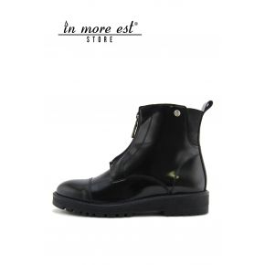 ANKLE BOOTS BLACK SHINY LEATHER ALLACC ZIP METAL BURNISHED FUND CARARMAT BLACK RUBBER
