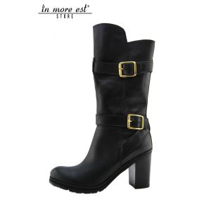 STIEFEL MITTLERE STIEFELSCHAFT MITTEL-SCHWARZES KALBSLEDER MIT SCHNALLEN-METAL GOLD-FONDS GUMMI CARARMATO