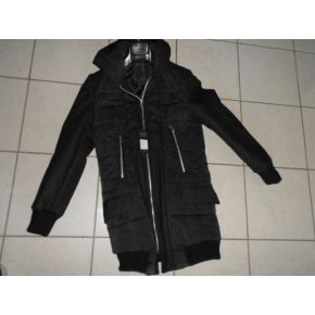 ABAJO CHAQUETA LARGA PARKA DE NYLON NEGRO, MANGAS DE LANA NEGRO