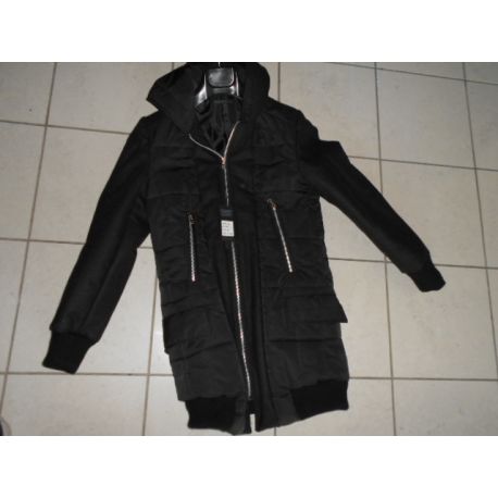 DOWN JACKET LONG PARKA BLACK NYLON SLEEVES, WOOL BLACK