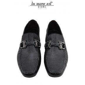 MOCASSINO NERO LUCIDO COCCO MORSO METAL BRUNITO LOGO SPADA