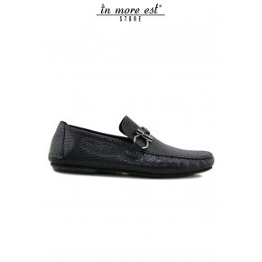 MOCASSINO NERO LUCIDO COCCO MORSO METAL BRUNITO LOGO SPADA