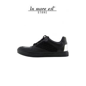 SNEAKER BASSE DE VEAU NOIR/NOIX DE COCO EN DAIM/LAMINE ARG/CAOUTCHOUC LACETS