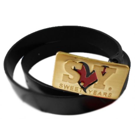CEINTURE EN CUIR NOIR BOUCLE DE FERMETURE EN MÉTAL LOGO OR SY