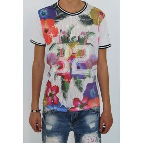 T-SHIRT IMPRESSION FLEURS POLYESTER PERCÉ ET COTON