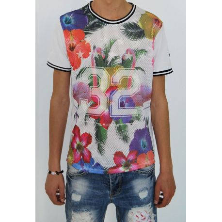 T-SHIRT IMPRESSION FLEURS POLYESTER PERCÉ ET COTON