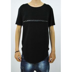 BLACK T-SHIRT COTTON BLACK LEATHER TRAP BLACK