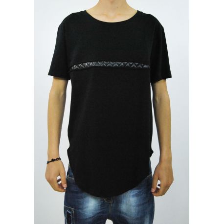 BLACK T-SHIRT COTTON BLACK LEATHER TRAP BLACK