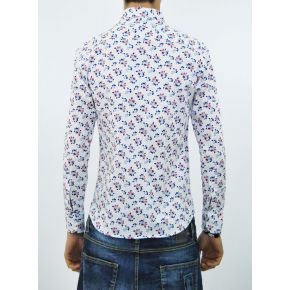 SHIRT ELAST WHITE FLOWERS, RED AND BLUE COTTON