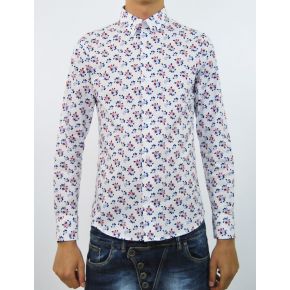 SHIRT ELAST WHITE FLOWERS, RED AND BLUE COTTON