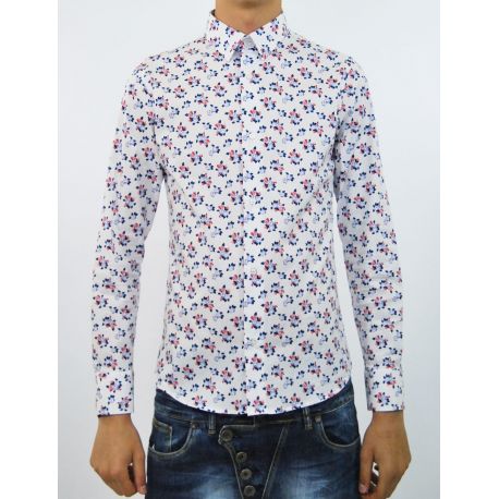 CHEMISE ELAST DE FLEURS BLANCHES, DE ROUGE ET DE BLEU COTON