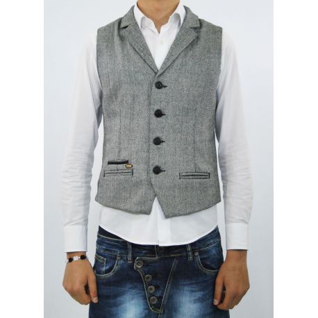 VEST GRAY/BLACK STRIPED PATTERN WOOL BLACK BUTTONS