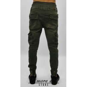 PANTALON POCHES VERT ARMÉE ÉLASTIQUE À LA CHEVILLE