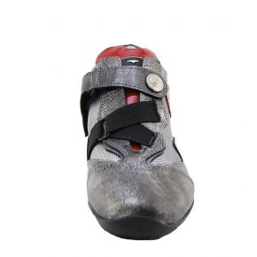 SNEAKERS LOW CALF/FABRIC SILVER LAMIN ALLACC STRAP BOTTOM RUBBER, GRAY G LOGO RED PATENT LEATHER