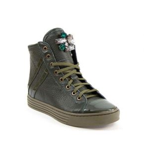 Sneaker green leather with detail brooch rhinestone detailing