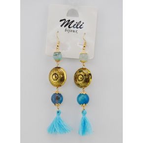 Earrings pendants metal embroidered gold and pendants with spherical turquoise