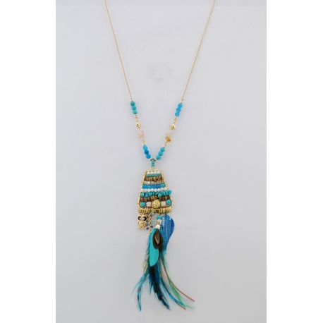 Necklace chain gold-colored with various pendants blue