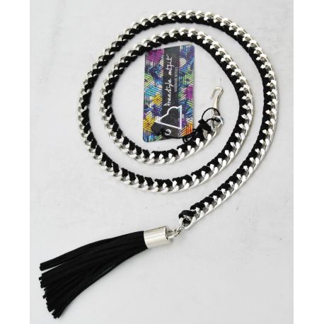 Cinturón de cadena de plata con gamuza trenzado negro y nappino negro