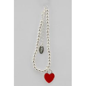 Pulsera de perlas de color plata y colgante en forma de corazón rojo