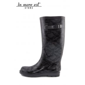 BOOT RAIN RUBBER BLACK/GRAY LACE PRINT SIDE BUCKLE CLOSURE LIU JO