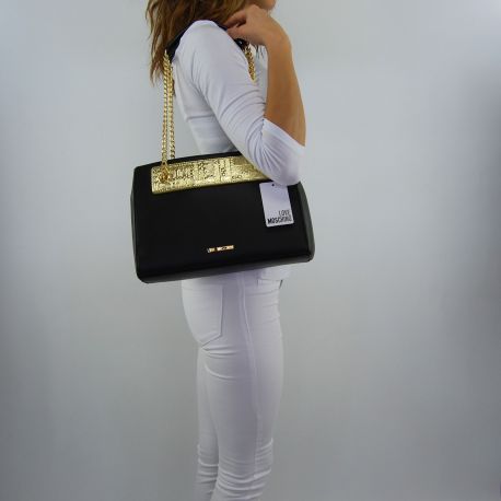 Borsa tracolla Love Moschino con placca Love Moschino oro nera