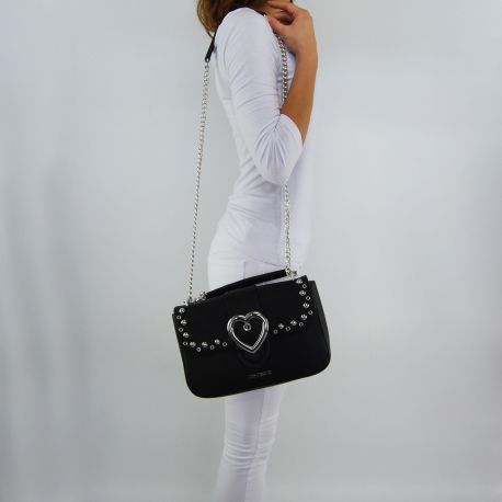 Bag tracollq Love Moschino black with decorations of hearts silver