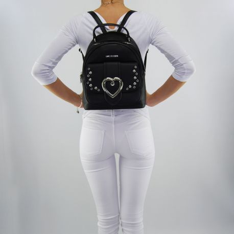 Mochila de Love Moschino negro con adornos de corazones de plata