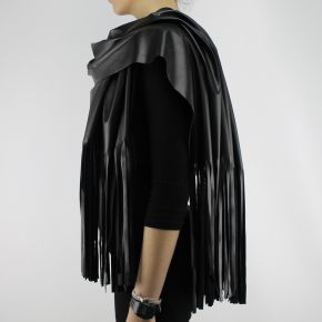 SCARF, BLACK LEATHER LONG FRINGE