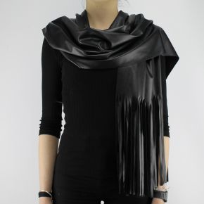 SCARF, BLACK LEATHER LONG FRINGE