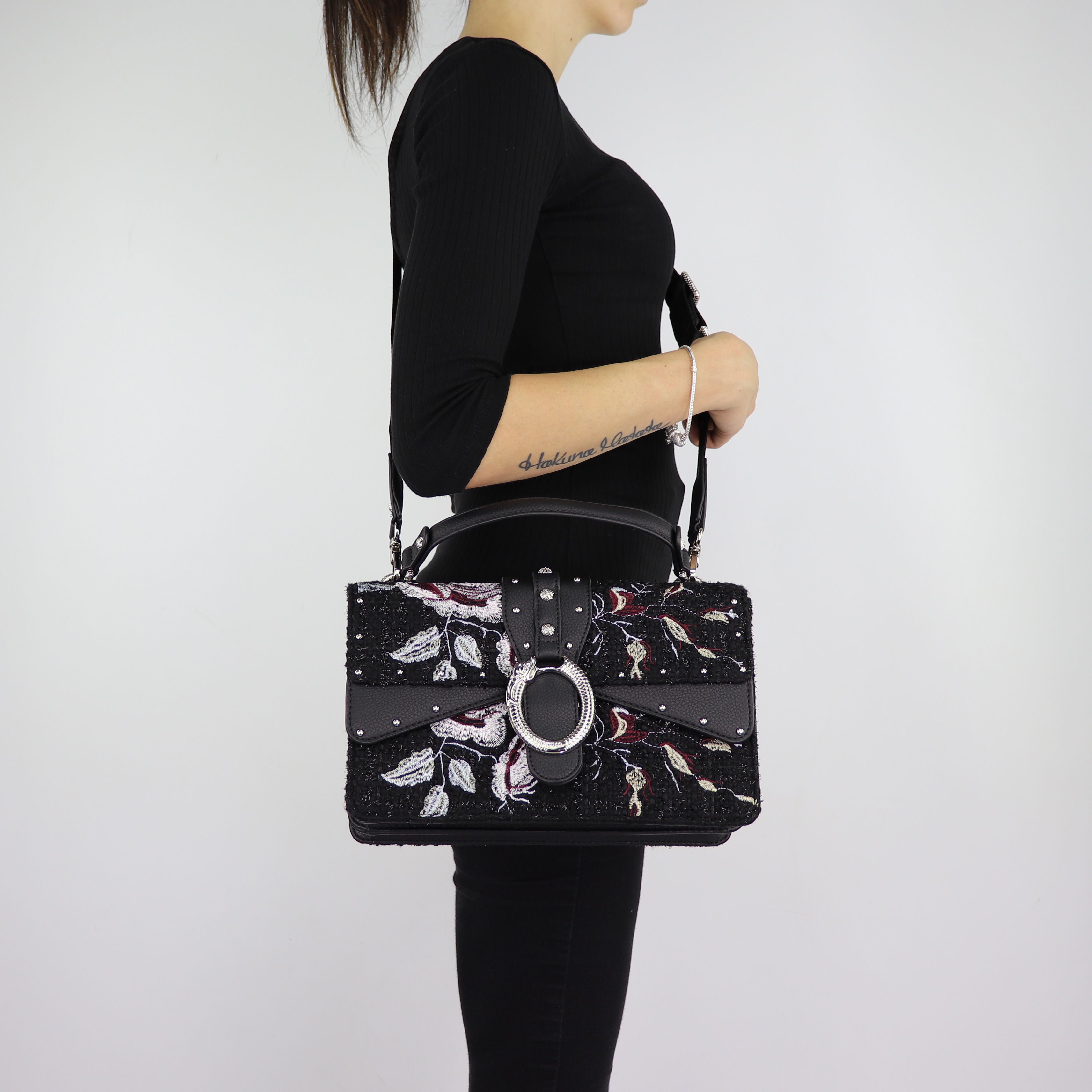 Borsa A Mano Donna In Pelle PU Con Ricami Floreali - Nero, 28x12x18 Cm, Tracolla Regolabile