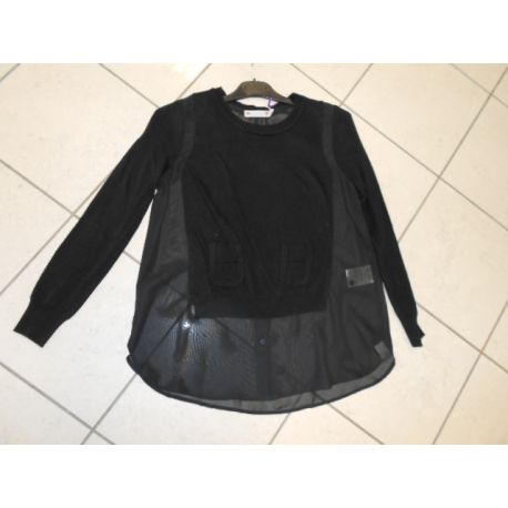 BLACK MESH LONG SLEEVE CREW NECK CHEST/SLEEVES, WOOL BACK AND SIDES BLACK ORGANZA